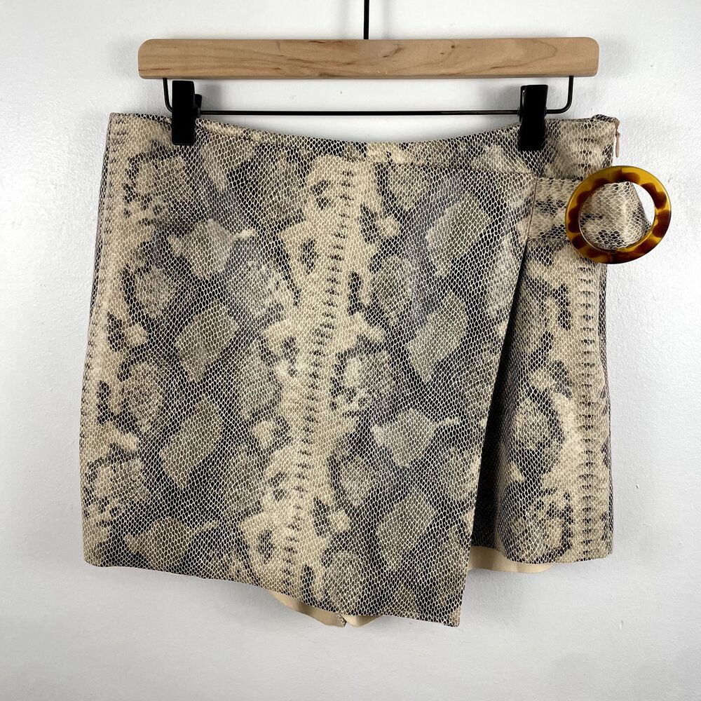 Zara Womens Skort Tan Gray Large Poly Blend Stretch Snake Print Faux Leather